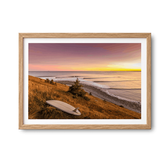 Rolling Lines, Lawrencetown, Nova Scotia surf photography print by Adam Cornick in a natural oak frame