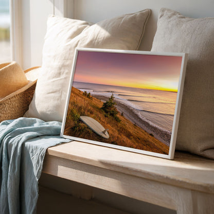 Rolling Lines surf photography print by Adam Cornick framed on a window seat