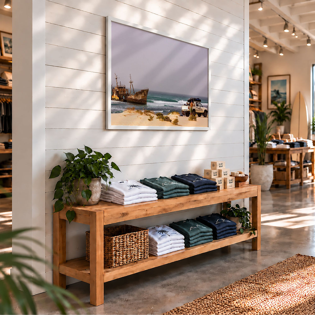 Shipwrecks surf photography print by John Seaton Callahan in a white frame on the wall of a surf shop
