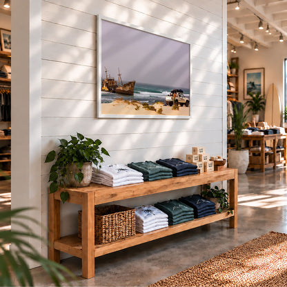Shipwrecks surf photography print by John Seaton Callahan in a white frame on the wall of a surf shop
