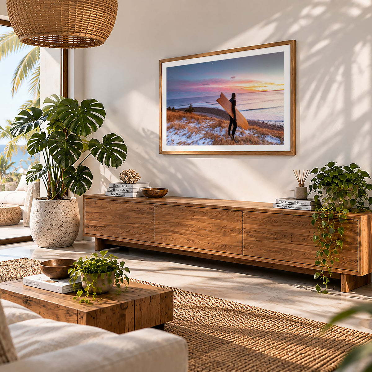 Snow and Sunrise winter surf photography print by Adam Cornick framed above a wooden sideboard in a living room
