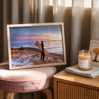 Snow and Sunrise winter surf photography print by Adam Cornick framed on a velvet stool