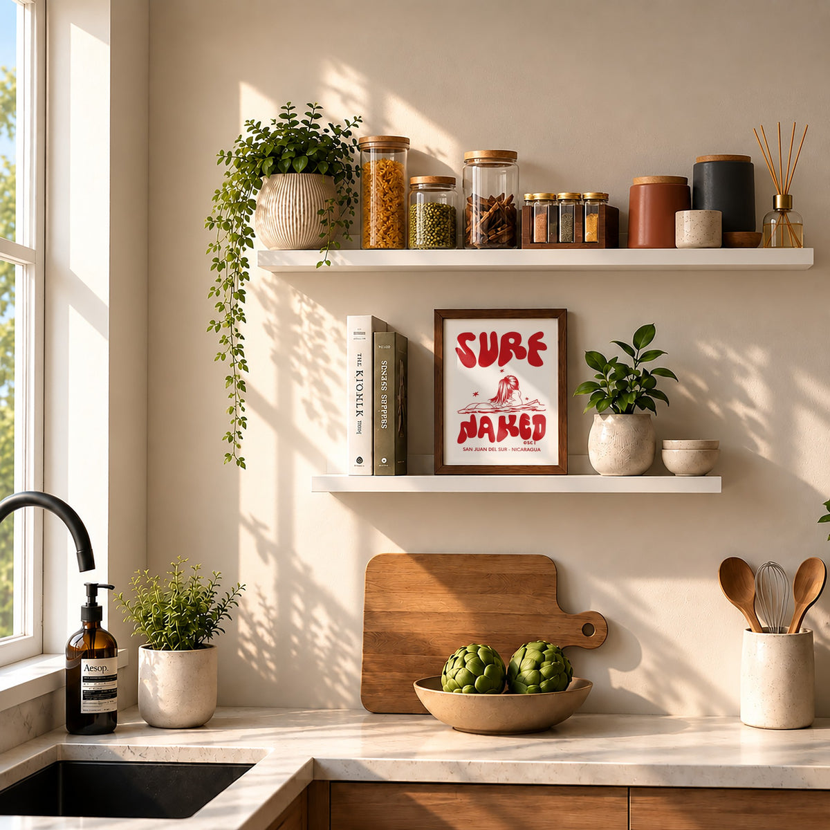 A5 Surf Naked surf illustration print by Osci framed on a kitchen shelf