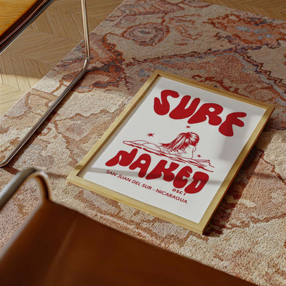 Surf Naked surf illustration print by Osci displayed on the floor