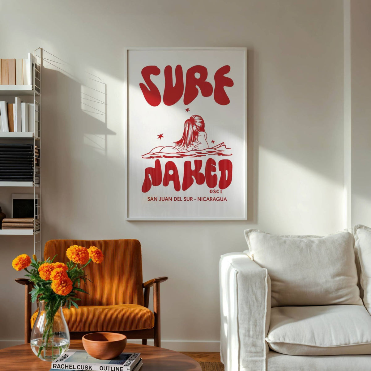 Surf Naked surf illustration print by Osci displayed in a living room