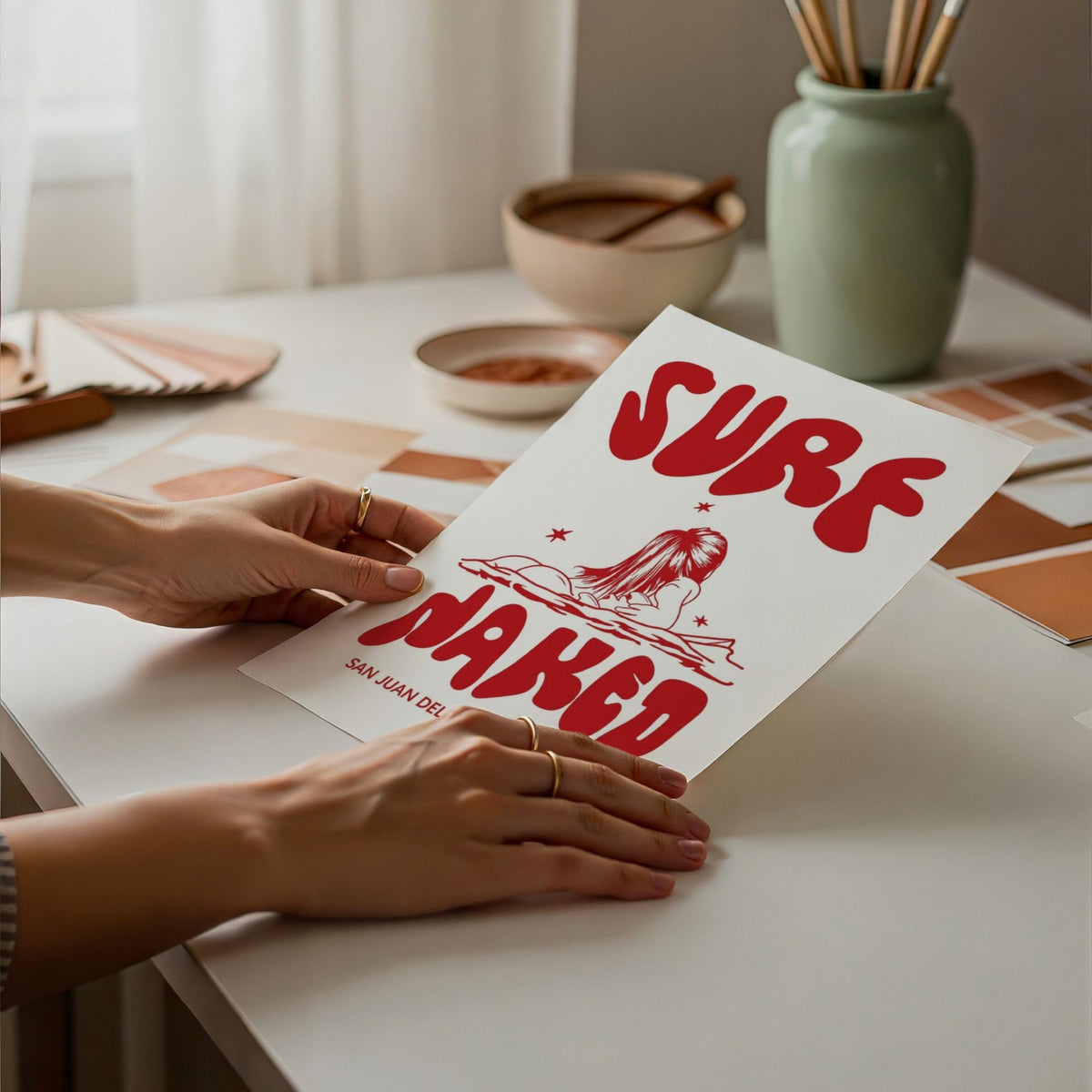 Surf Naked red surf illustration by Osci, unframed print