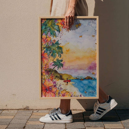 The Red Board watercolour surf art print by Rebekah Steen displayed beside a pair of trainers