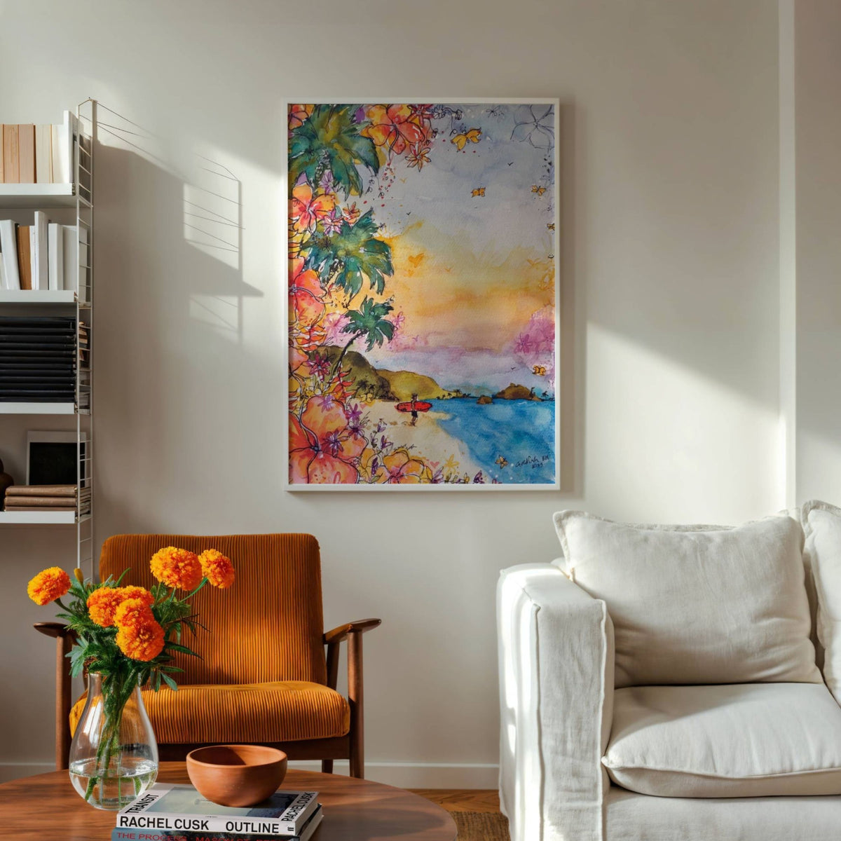The Red Board watercolour surf art print by Rebekah Steen displayed beside an armchair