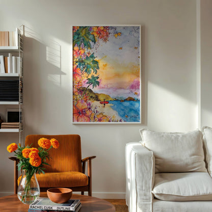 The Red Board watercolour surf art print by Rebekah Steen displayed beside an armchair
