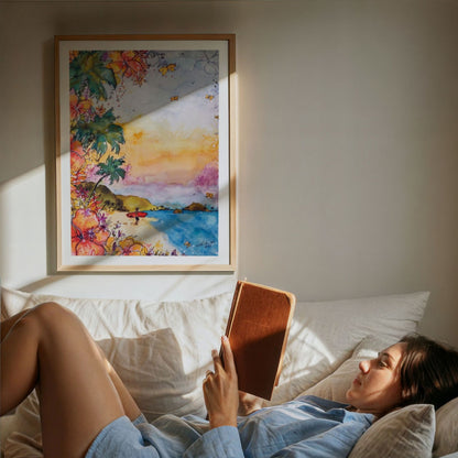 The Red Board watercolour surf art print by Rebekah Steen displayed in a bedroom