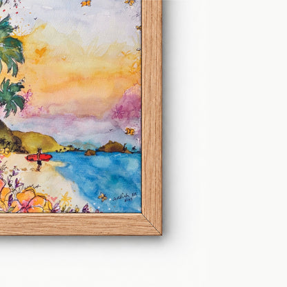 Close-up of The Red Board watercolour surf art print by Rebekah Steen