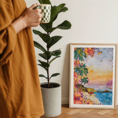The Red Board watercolour surf art print by Rebekah Steen displayed beside a coffee