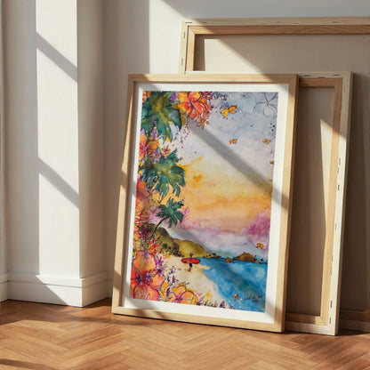 The Red Board watercolour surf art print by Rebekah Steen framed on the floor