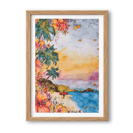 The Red Board watercolour surf art print by Rebekah Steen displayed beside an armchair
