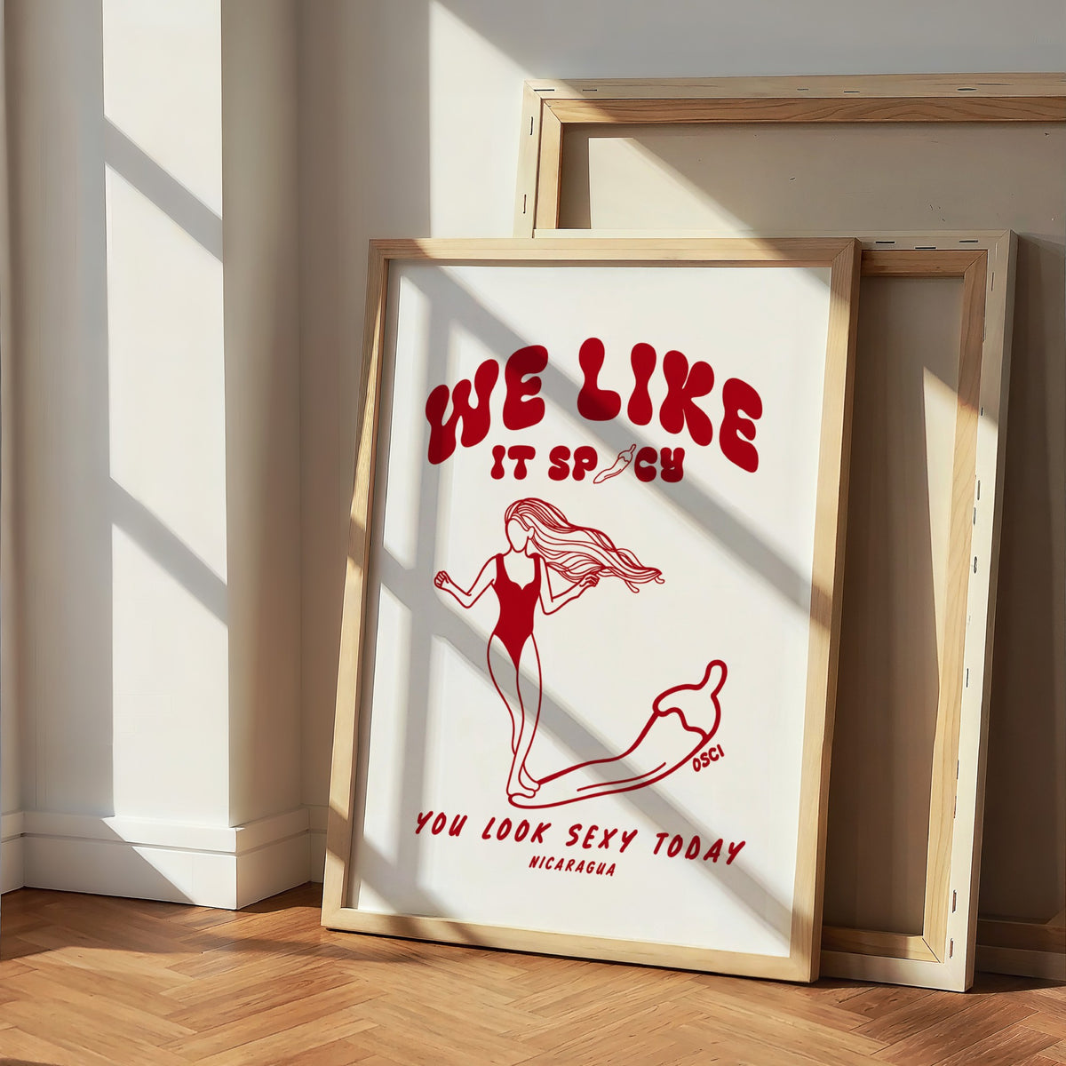 We Like It Spicy surf illustration print by Osci displayed on the floor