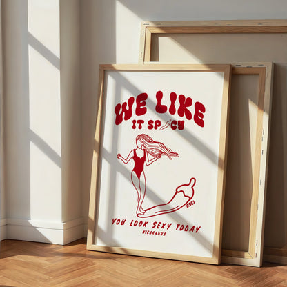 We Like It Spicy surf illustration print by Osci displayed on the floor
