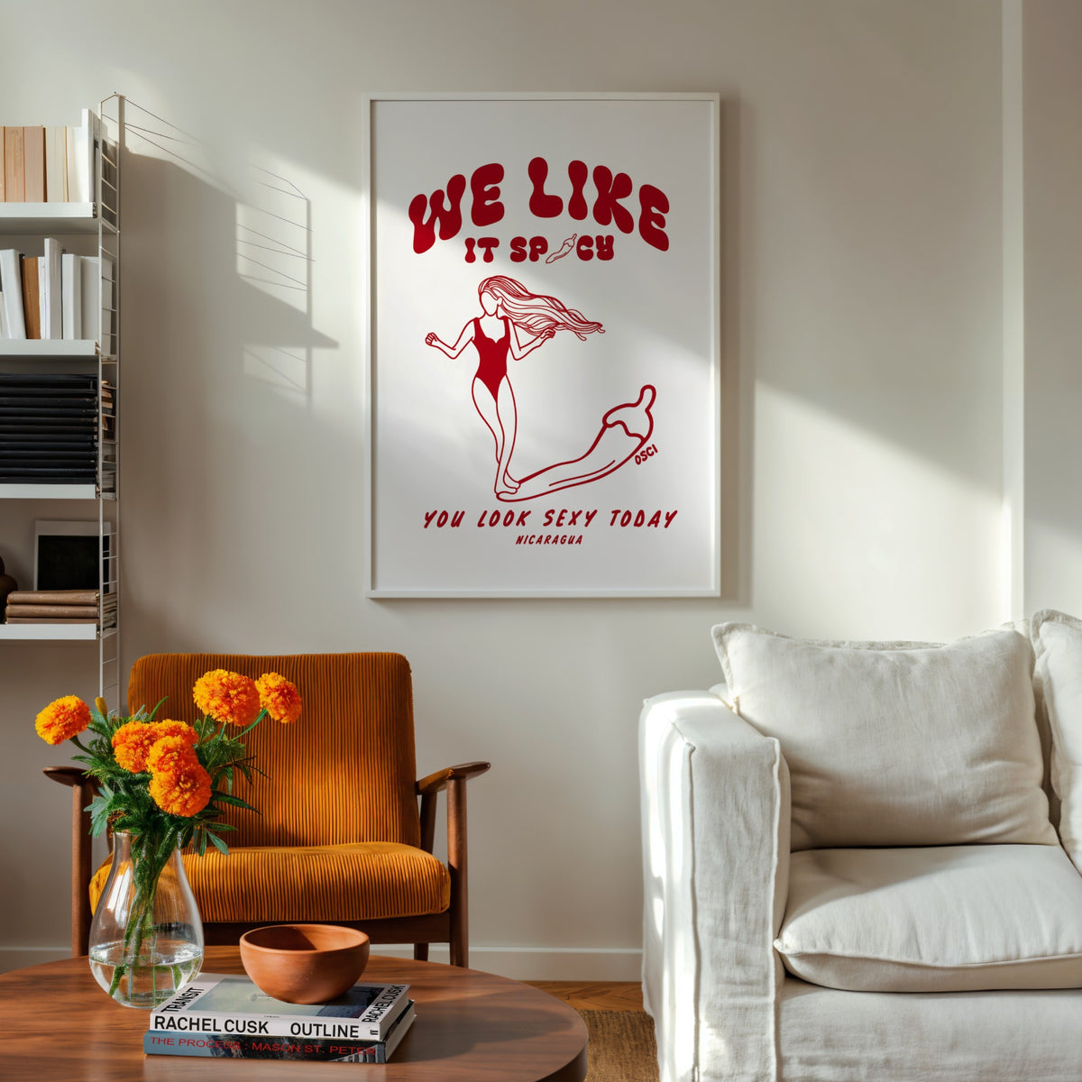 We Like It Spicy surf illustration print by Osci displayed in a reception area