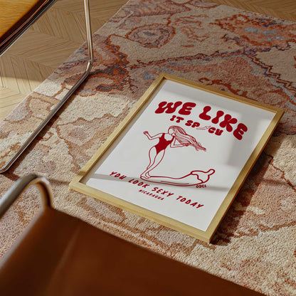 We Like It Spicy surf illustration print by Osci displayed on a rug on the floor