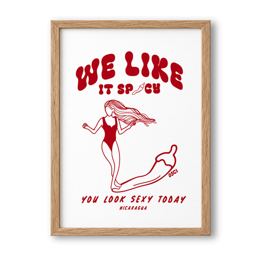 We Like It Spicy surf illustration print by Osci displayed on a rug on the floor
