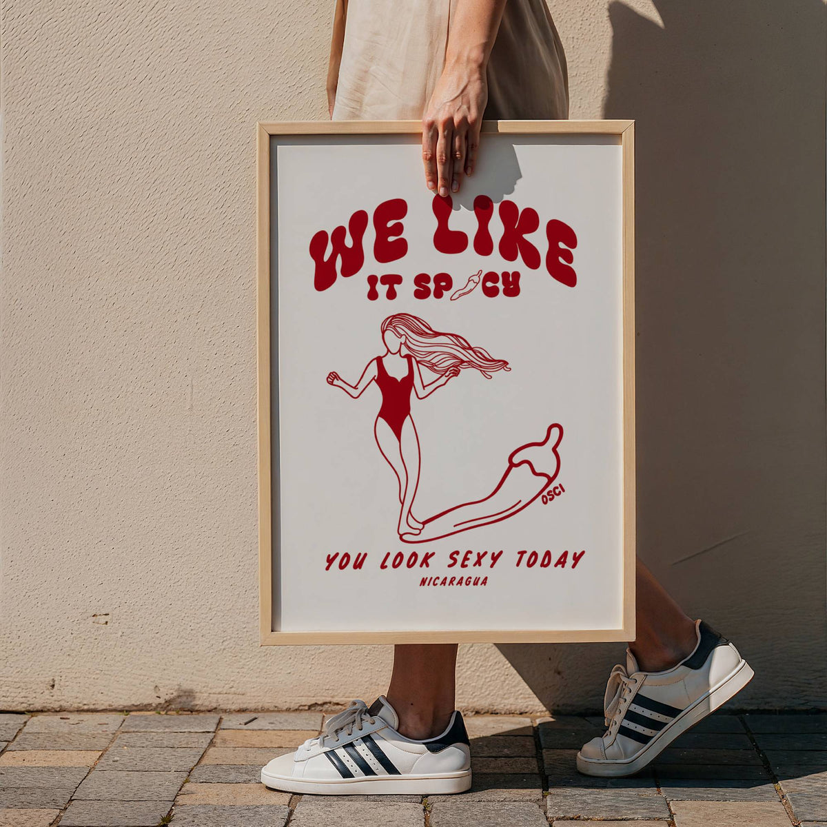 We Like It Spicy surf illustration print by Osci shown with someone walking